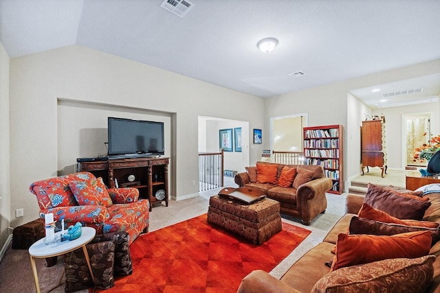 128 Lady Bird Ln, Georgetown, TX 78628 - living room featuring carpet and lofted ceiling