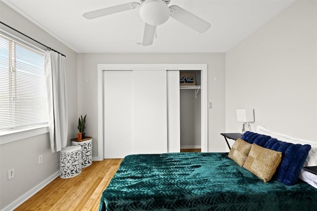bedroom featuring wood finished floors, multiple windows, a closet, and ceiling fan