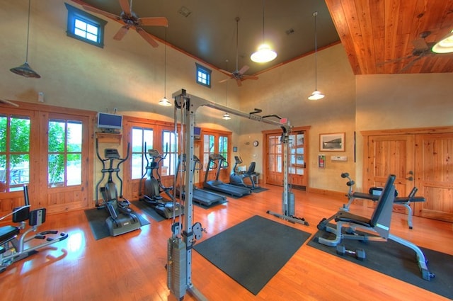 17800 Edgewood Way Unit 203, Jonestown, TX 78645 - exercise room with wood finished floors, ceiling fan, plenty of natural light, and a high ceiling