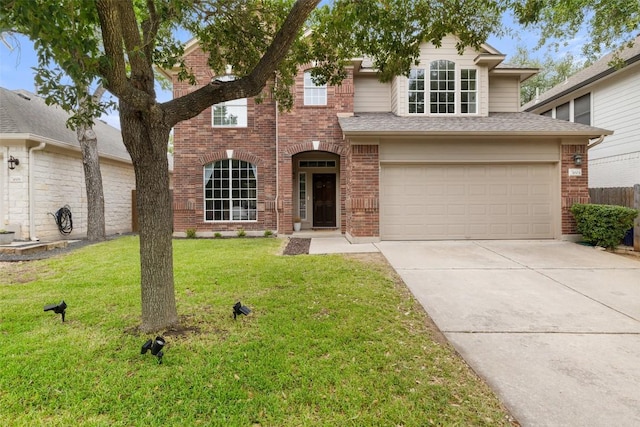 4604 Hibiscus Valley Dr, Austin, TX 78739 - traditional-style house featuring brick siding, a garage, driveway, a front yard, and roof with shingles