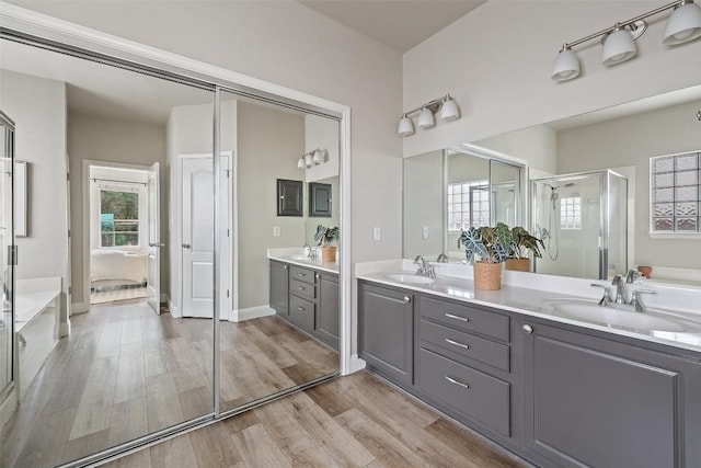 4604 Hibiscus Valley Dr, Austin, TX 78739 - full bathroom featuring double vanity, wood finished floors, a stall shower, and a garden tub