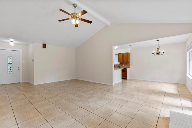 9400 Canus Dr, Austin, TX 78748 - unfurnished living room featuring a chandelier, light tile patterned flooring, and a ceiling fan