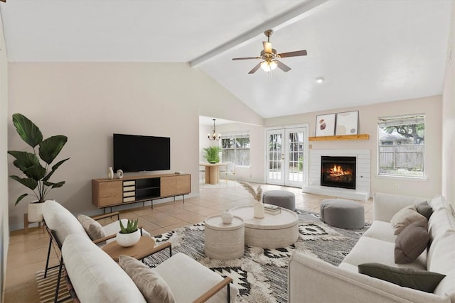 9400 Canus Dr, Austin, TX 78748 - tiled living area with beamed ceiling, a ceiling fan, a brick fireplace, french doors, and high vaulted ceiling