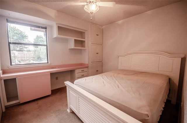 205 Mesa Verde St, Cedar Park, TX 78613 - bedroom with built in desk, light carpet, a textured ceiling, and a ceiling fan