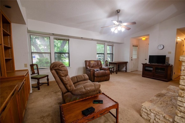 205 Mesa Verde St, Cedar Park, TX 78613 - living area with light carpet, a ceiling fan, and vaulted ceiling
