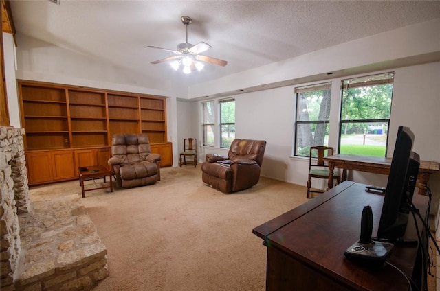 205 Mesa Verde St, Cedar Park, TX 78613 - living room featuring ceiling fan, light colored carpet, and a textured ceiling