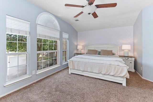 1401 Jackie Robinson Pl, Round Rock, TX 78665 - carpeted bedroom with vaulted ceiling and ceiling fan