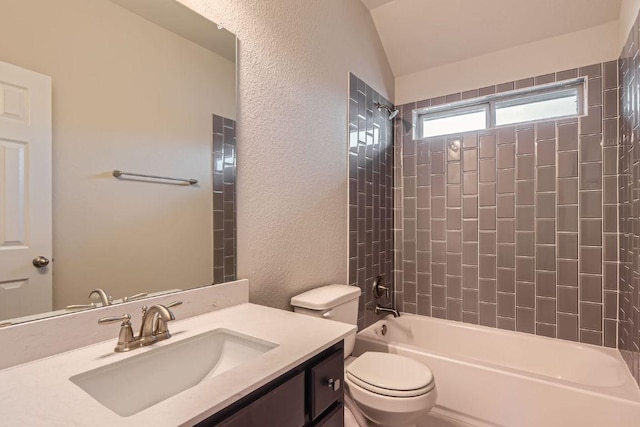 12383 Mesa Verde Dr, Austin, TX 78737 - full bathroom with a textured wall, vanity, shower / bath combination, and vaulted ceiling