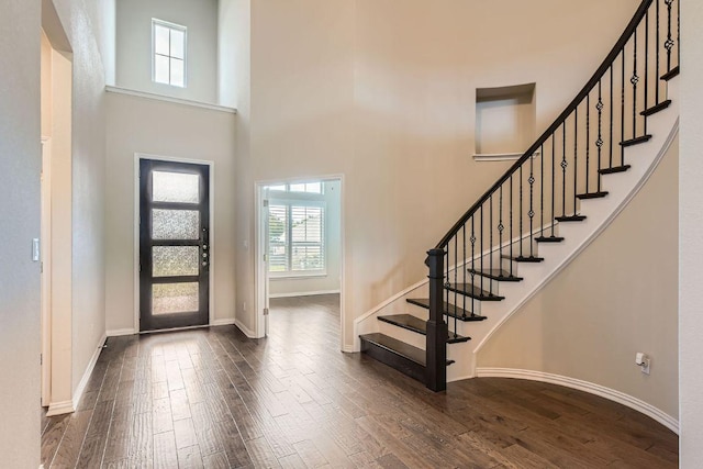 12383 Mesa Verde Dr, Austin, TX 78737 - foyer entrance with dark wood finished floors, plenty of natural light, a high ceiling, and stairs