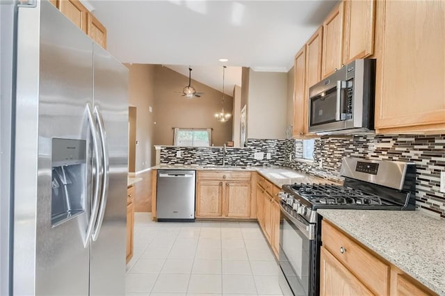 7500 Shadowridge Run Unit 47, Austin, TX 78749 - kitchen with stainless steel appliances, light brown cabinets, light tile patterned floors, and decorative backsplash