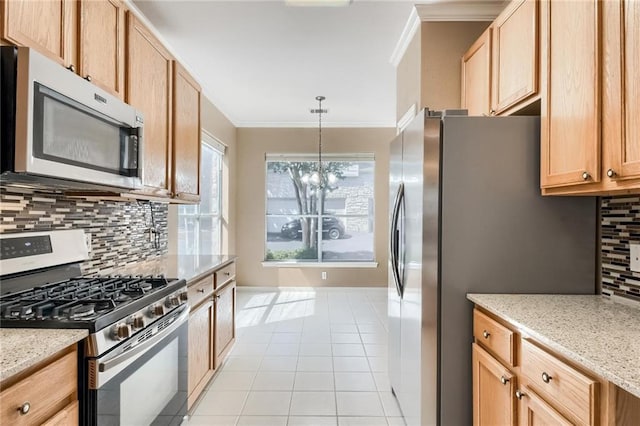 7500 Shadowridge Run Unit 47, Austin, TX 78749 - kitchen with stainless steel appliances, ornamental molding, tasteful backsplash, light tile patterned floors, and light stone counters