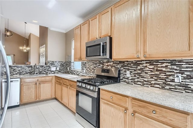 7500 Shadowridge Run Unit 47, Austin, TX 78749 - kitchen with appliances with stainless steel finishes, light brown cabinetry, decorative backsplash, and crown molding