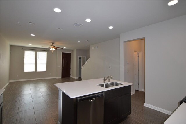 6814 E Riverside Dr Unit 52, Austin, TX 78741 - kitchen featuring dishwasher, light countertops, ceiling fan, an island with sink, and recessed lighting