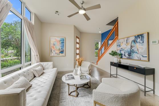 2822 Wooldridge Dr Unit B, Austin, TX 78703 - living area with a ceiling fan and stairs