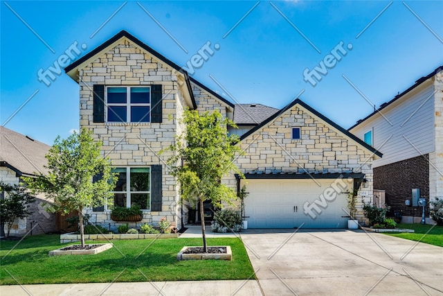 351 Kings Pine Dr, Dripping Springs, TX 78620 - view of front facade with stone siding, a front yard, concrete driveway, and a garage