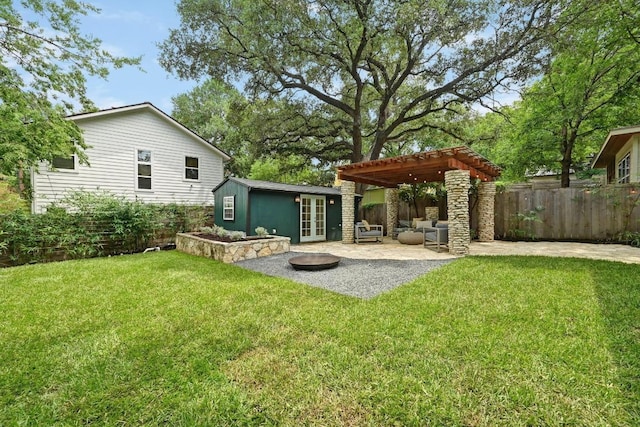 803 Jessie St, Austin, TX 78704 - back of house with french doors, a pergola, an outdoor hangout area, a patio, and an outdoor structure