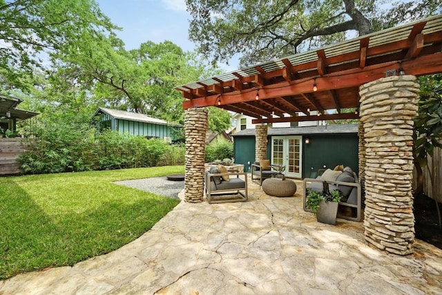 803 Jessie St, Austin, TX 78704 - view of patio featuring french doors, a pergola, and an outdoor living space
