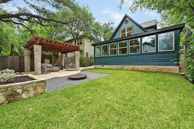 803 Jessie St, Austin, TX 78704 - rear view of property featuring crawl space, a pergola, a patio area, and outdoor lounge area