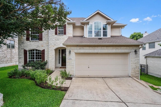 6906 Covered Bridge Dr, Austin, TX 78736 - traditional home with stone siding, concrete driveway, a garage, and a shingled roof