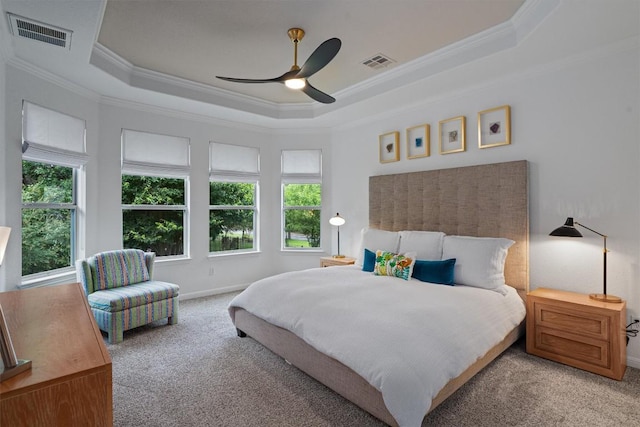 6906 Covered Bridge Dr, Austin, TX 78736 - bedroom featuring carpet flooring, a tray ceiling, ornamental molding, and ceiling fan