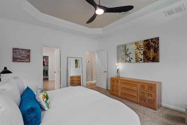 6906 Covered Bridge Dr, Austin, TX 78736 - bedroom featuring a raised ceiling, ornamental molding, carpet, and ceiling fan