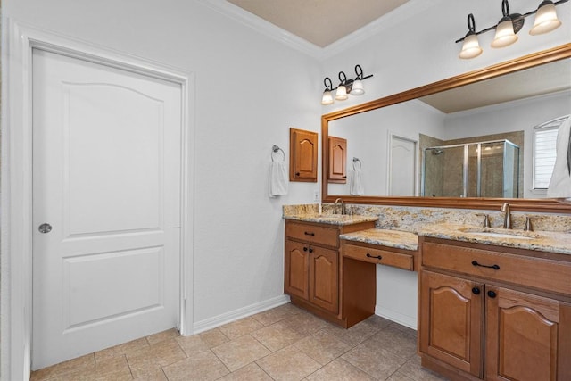 6906 Covered Bridge Dr, Austin, TX 78736 - full bath with a shower stall, double vanity, and ornamental molding