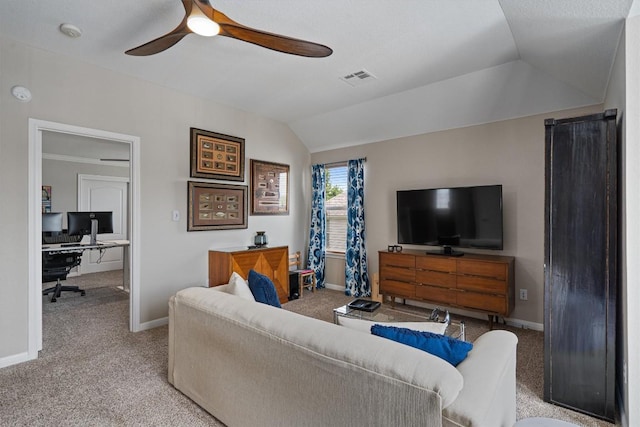 6906 Covered Bridge Dr, Austin, TX 78736 - carpeted living area with lofted ceiling, a desk, and ceiling fan