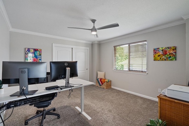 6906 Covered Bridge Dr, Austin, TX 78736 - office area with a ceiling fan, carpet flooring, ornamental molding, and a textured ceiling