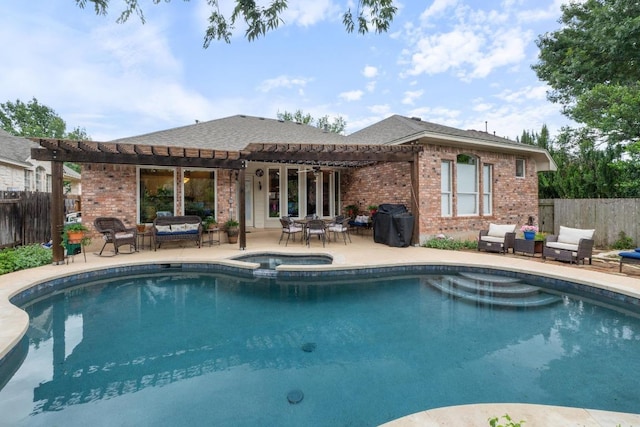 14932 Thatcher Dr, Austin, TX 78717 - view of swimming pool featuring a pergola, an outdoor hangout area, an in-ground hot tub, a patio, and grilling area