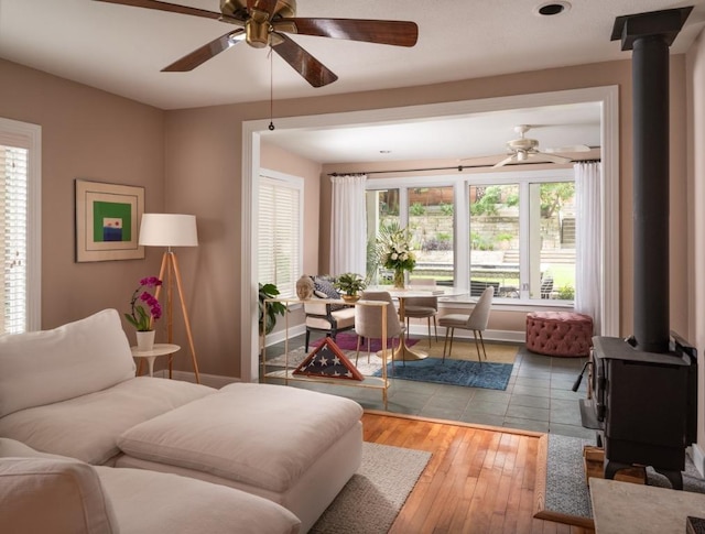 1005 E Riverside Dr, Austin, TX 78704 - living room featuring a wood stove, a ceiling fan, and wood-type flooring