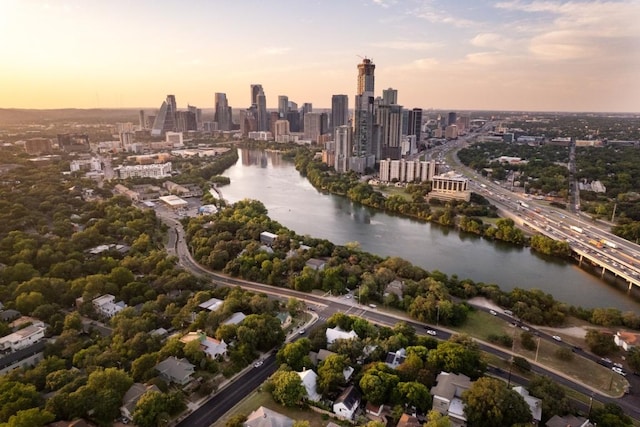 1005 E Riverside Dr, Austin, TX 78704 - aerial view at dusk of a skyline view, a water view, and a notable bridge