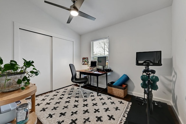 5317 Westminster Dr, Austin, TX 78723 - home office with lofted ceiling, a ceiling fan, and wood finished floors
