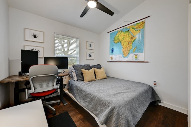 5317 Westminster Dr, Austin, TX 78723 - bedroom with lofted ceiling, wood finished floors, an office area, and a ceiling fan