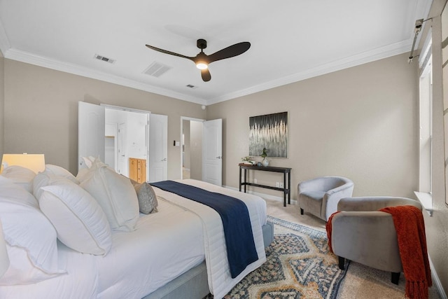 4009 Wilderness Path Bnd, Cedar Park, TX 78613 - carpeted bedroom with crown molding, a ceiling fan, and ensuite bath