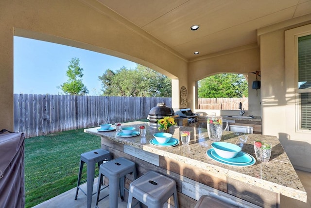 509 Fair Oaks Dr, Georgetown, TX 78628 - fenced backyard featuring a patio area and exterior kitchen