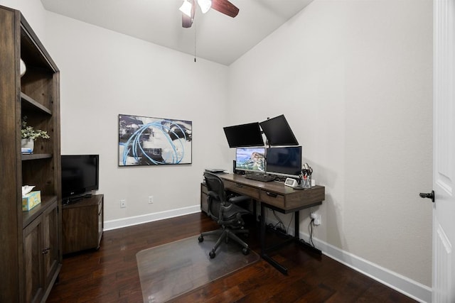 509 Fair Oaks Dr, Georgetown, TX 78628 - home office with dark wood finished floors, ceiling fan, and lofted ceiling