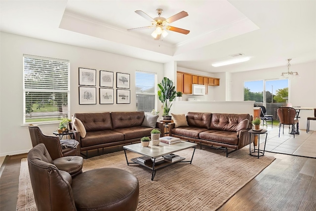 109 Onyx Lake Dr, Kyle, TX 78640 - living room featuring a tray ceiling, healthy amount of natural light, light wood-style floors, and ornamental molding