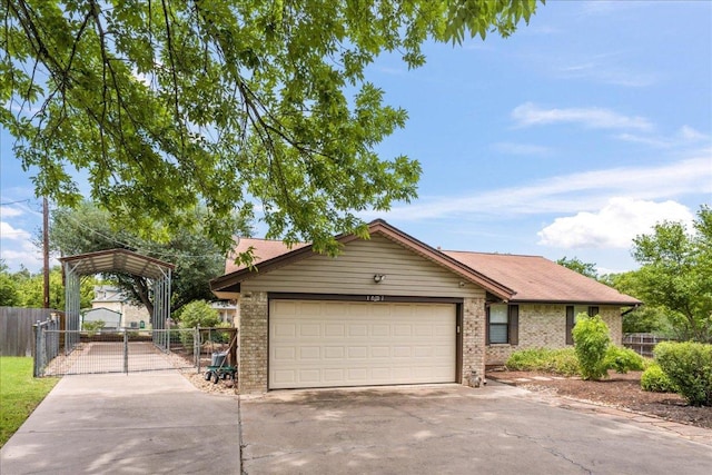 1601 Samoa Ct, Pflugerville, TX 78660 - ranch-style home with concrete driveway, brick siding, a garage, a gate, and a detached carport