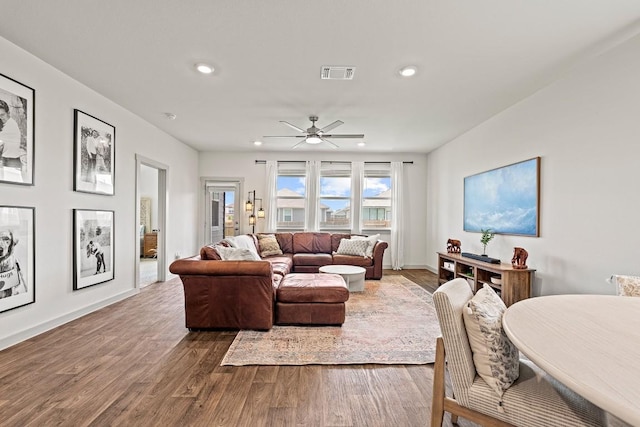 112 Wichita River Rd, Hutto, TX 78634 - living room featuring wood finished floors, recessed lighting, and a ceiling fan