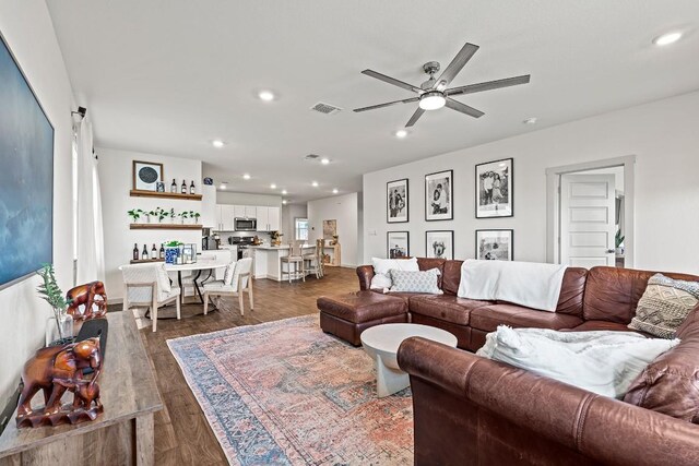 112 Wichita River Rd, Hutto, TX 78634 - living area with recessed lighting, ceiling fan, and dark wood-type flooring