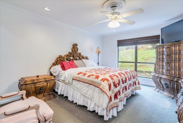 501 Highlands Blvd Unit 13, Horseshoe Bay, TX 78657 - carpeted bedroom featuring ornamental molding, ceiling fan, and recessed lighting