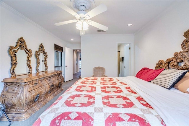 501 Highlands Blvd Unit 13, Horseshoe Bay, TX 78657 - bedroom featuring crown molding, recessed lighting, and a ceiling fan