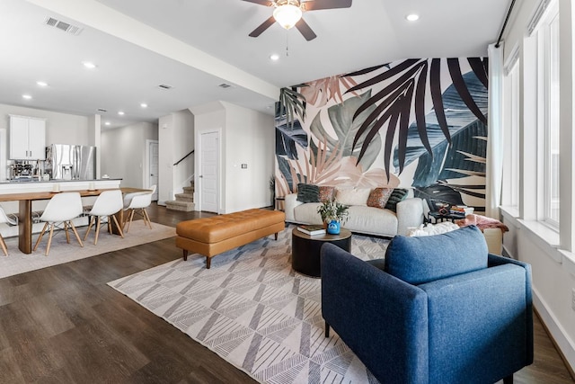 3800 Bristol Motor Pass, Austin, TX 78728 - living room featuring wood finished floors, stairway, a ceiling fan, and recessed lighting