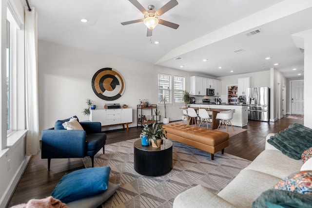 3800 Bristol Motor Pass, Austin, TX 78728 - living room with ceiling fan, dark wood-style flooring, and recessed lighting