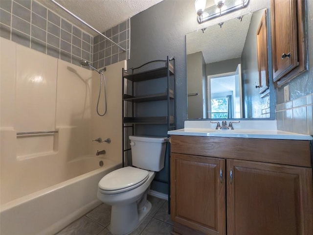 823 Topaz Ln, Leander, TX 78641 - full bathroom featuring a textured ceiling,  shower combination, vanity, and tile patterned flooring