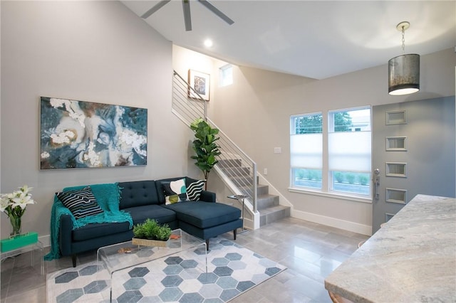 6613 Woodrow Ave, Austin, TX 78757 - living area featuring stairs, a ceiling fan, and recessed lighting
