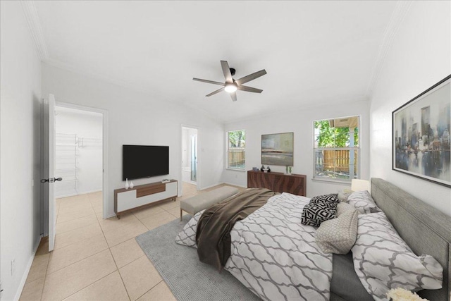 2306 Billy Fiske Ln, Austin, TX 78748 - bedroom featuring ornamental molding, light tile patterned floors, ceiling fan, and ensuite bathroom