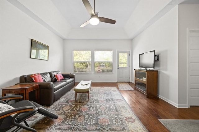 803 N Myrtle St, Georgetown, TX 78626 - living room featuring ceiling fan, wood finished floors, and a raised ceiling