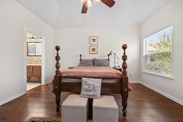 803 N Myrtle St, Georgetown, TX 78626 - bedroom with hardwood / wood-style flooring, ensuite bath, ceiling fan, and vaulted ceiling