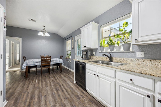 1220 Redstone Dr, Temple, TX 76502 - kitchen featuring dishwasher, vaulted ceiling, dark wood-style flooring, white cabinets, and a chandelier